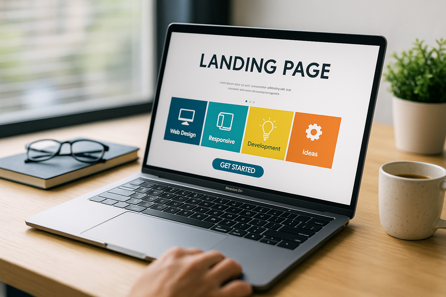 Portátil con una web corporativa abierta en escritorio moderno